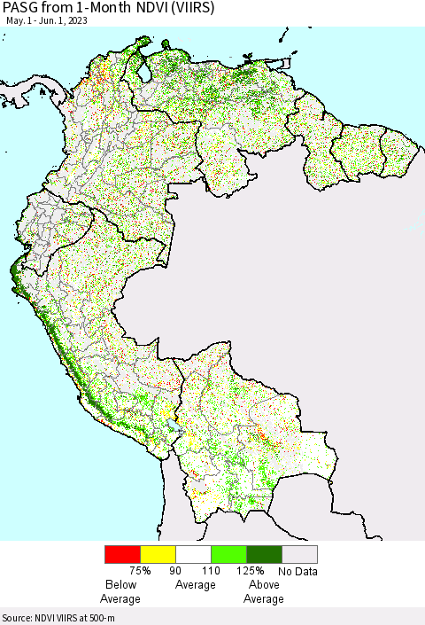 Northern South America PASG from 1-Month NDVI (VIIRS) Thematic Map For 5/25/2023 - 6/1/2023