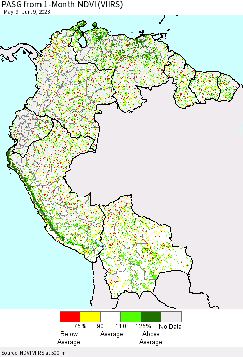 Northern South America PASG from 1-Month NDVI (VIIRS) Thematic Map For 6/2/2023 - 6/9/2023