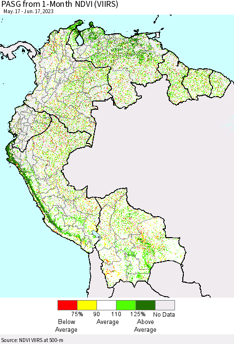 Northern South America PASG from 1-Month NDVI (VIIRS) Thematic Map For 6/10/2023 - 6/17/2023