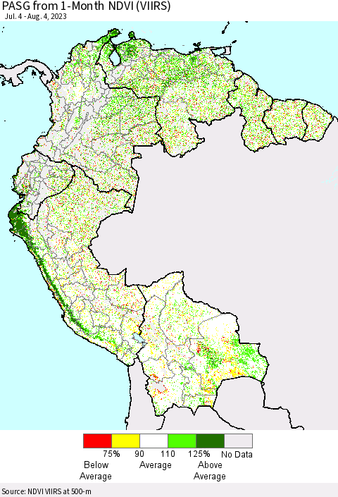 Northern South America PASG from 1-Month NDVI (VIIRS) Thematic Map For 7/28/2023 - 8/4/2023