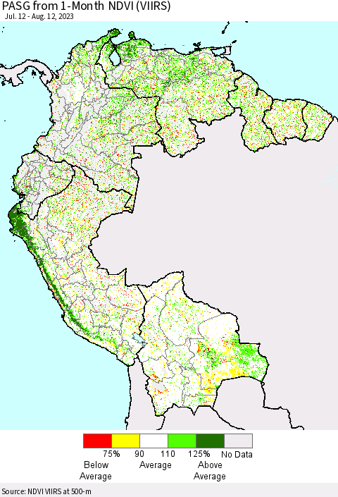 Northern South America PASG from 1-Month NDVI (VIIRS) Thematic Map For 8/5/2023 - 8/12/2023