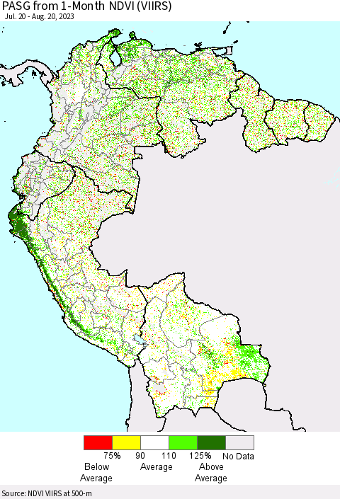 Northern South America PASG from 1-Month NDVI (VIIRS) Thematic Map For 8/13/2023 - 8/20/2023