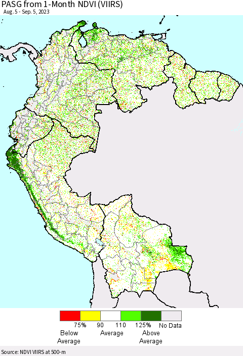 Northern South America PASG from 1-Month NDVI (VIIRS) Thematic Map For 8/29/2023 - 9/5/2023