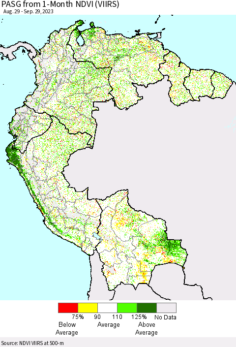 Northern South America PASG from 1-Month NDVI (VIIRS) Thematic Map For 9/22/2023 - 9/29/2023