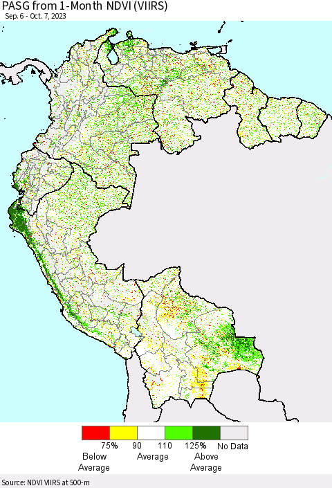 Northern South America PASG from 1-Month NDVI (VIIRS) Thematic Map For 9/30/2023 - 10/7/2023