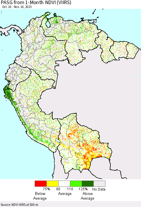 Northern South America PASG from 1-Month NDVI (VIIRS) Thematic Map For 11/9/2023 - 11/16/2023