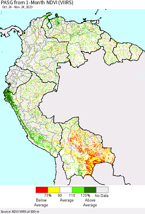 Northern South America PASG from 1-Month NDVI (VIIRS) Thematic Map For 11/17/2023 - 11/24/2023
