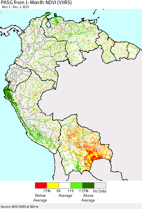 Northern South America PASG from 1-Month NDVI (VIIRS) Thematic Map For 11/25/2023 - 12/2/2023