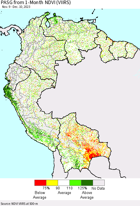 Northern South America PASG from 1-Month NDVI (VIIRS) Thematic Map For 12/3/2023 - 12/10/2023