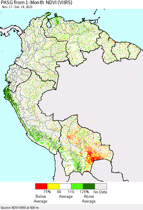Northern South America PASG from 1-Month NDVI (VIIRS) Thematic Map For 12/11/2023 - 12/18/2023