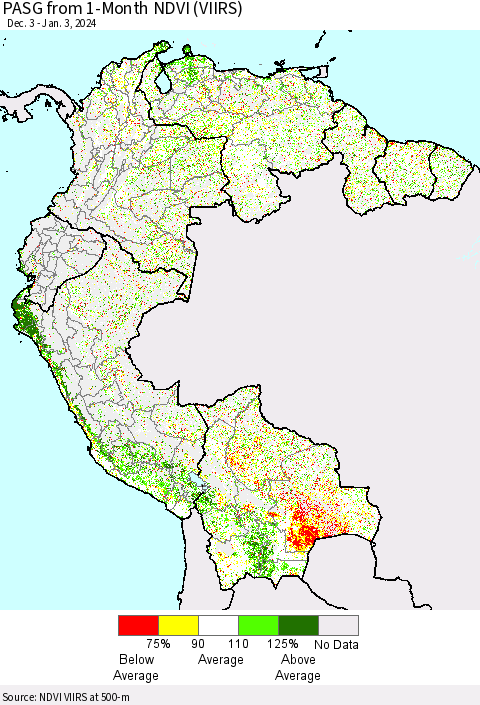 Northern South America PASG from 1-Month NDVI (VIIRS) Thematic Map For 12/27/2023 - 1/3/2024