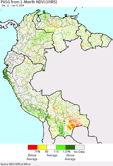 Northern South America PASG from 1-Month NDVI (VIIRS) Thematic Map For 1/1/2024 - 1/8/2024