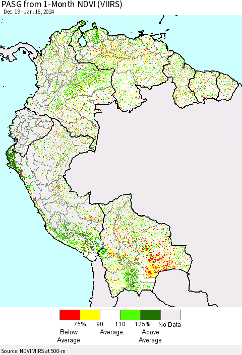 Northern South America PASG from 1-Month NDVI (VIIRS) Thematic Map For 1/9/2024 - 1/16/2024