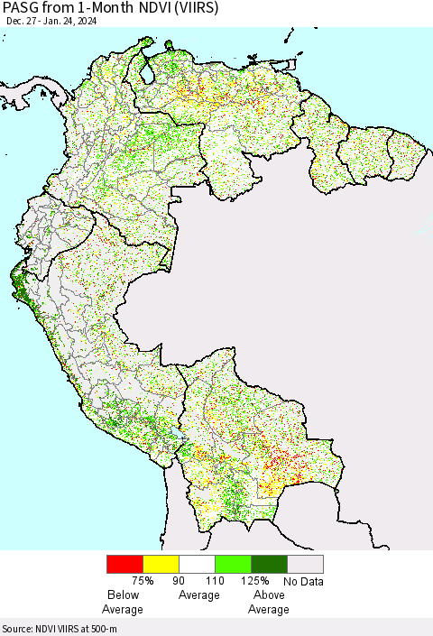 Northern South America PASG from 1-Month NDVI (VIIRS) Thematic Map For 1/17/2024 - 1/24/2024