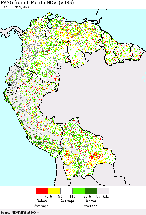 Northern South America PASG from 1-Month NDVI (VIIRS) Thematic Map For 2/2/2024 - 2/9/2024