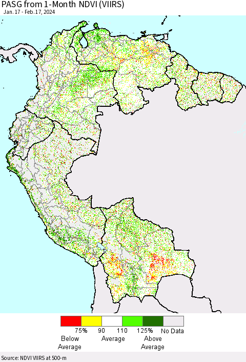 Northern South America PASG from 1-Month NDVI (VIIRS) Thematic Map For 2/10/2024 - 2/17/2024