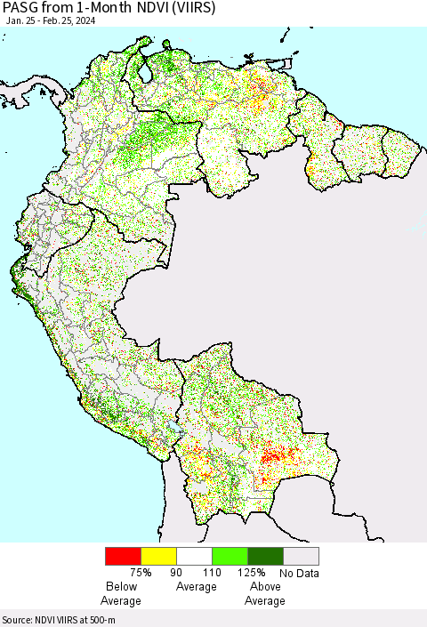 Northern South America PASG from 1-Month NDVI (VIIRS) Thematic Map For 2/18/2024 - 2/25/2024