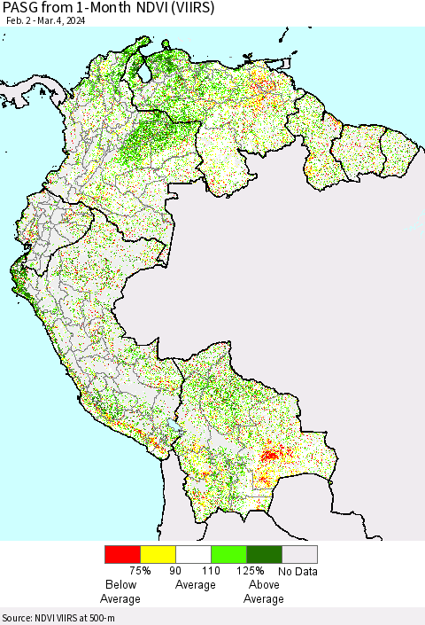 Northern South America PASG from 1-Month NDVI (VIIRS) Thematic Map For 2/26/2024 - 3/4/2024