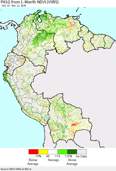 Northern South America PASG from 1-Month NDVI (VIIRS) Thematic Map For 3/5/2024 - 3/12/2024
