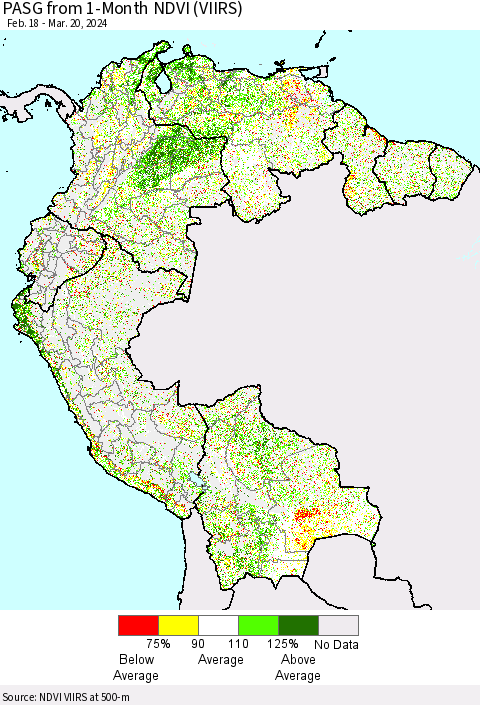 Northern South America PASG from 1-Month NDVI (VIIRS) Thematic Map For 3/13/2024 - 3/20/2024