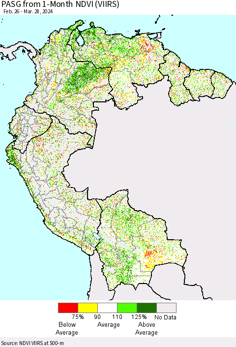Northern South America PASG from 1-Month NDVI (VIIRS) Thematic Map For 3/21/2024 - 3/28/2024