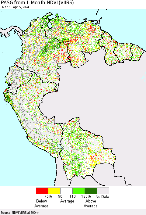 Northern South America PASG from 1-Month NDVI (VIIRS) Thematic Map For 3/29/2024 - 4/5/2024