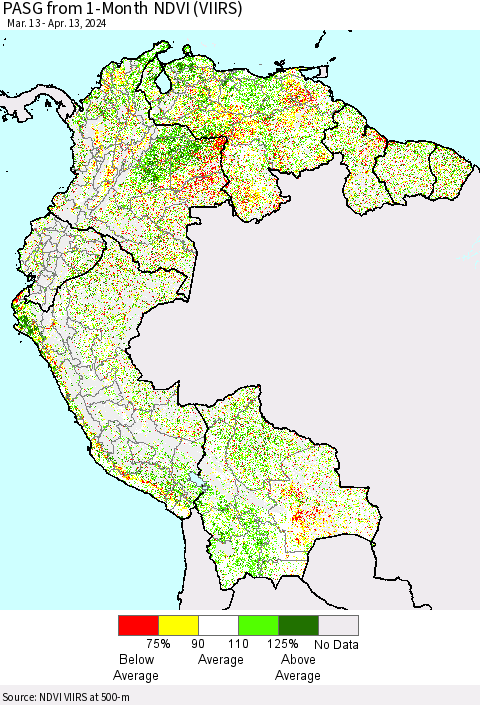 Northern South America PASG from 1-Month NDVI (VIIRS) Thematic Map For 4/6/2024 - 4/13/2024