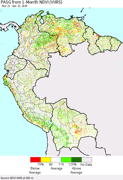 Northern South America PASG from 1-Month NDVI (VIIRS) Thematic Map For 4/14/2024 - 4/21/2024