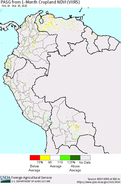 Northern South America PASG from 1-Month Cropland NDVI (VIIRS) Thematic Map For 3/11/2020 - 3/20/2020