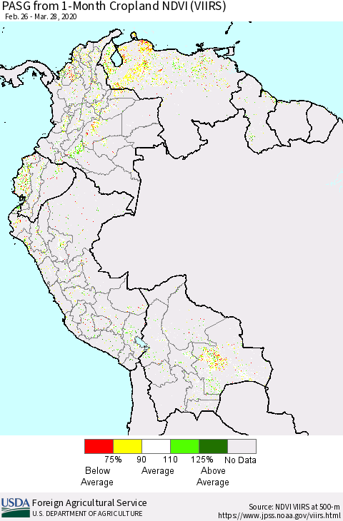 Northern South America PASG from 1-Month Cropland NDVI (VIIRS) Thematic Map For 3/21/2020 - 3/31/2020