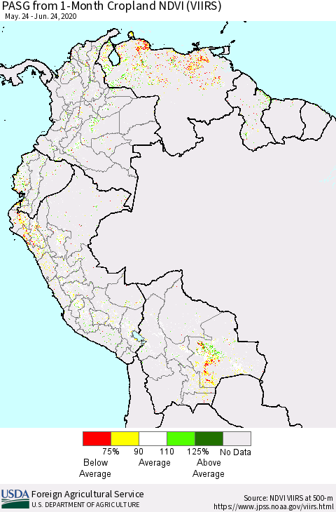 Northern South America PASG from 1-Month Cropland NDVI (VIIRS) Thematic Map For 6/21/2020 - 6/30/2020