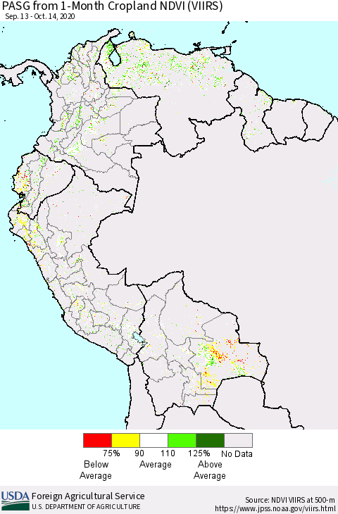 Northern South America PASG from 1-Month Cropland NDVI (VIIRS) Thematic Map For 10/11/2020 - 10/20/2020