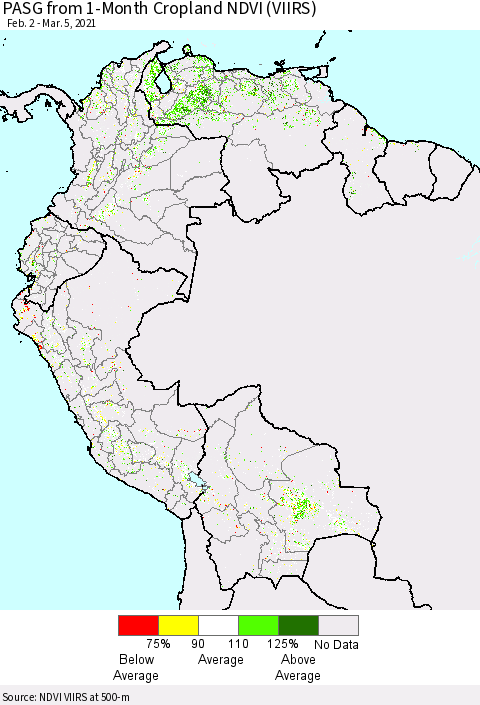 Northern South America PASG from 1-Month Cropland NDVI (VIIRS) Thematic Map For 2/26/2021 - 3/5/2021