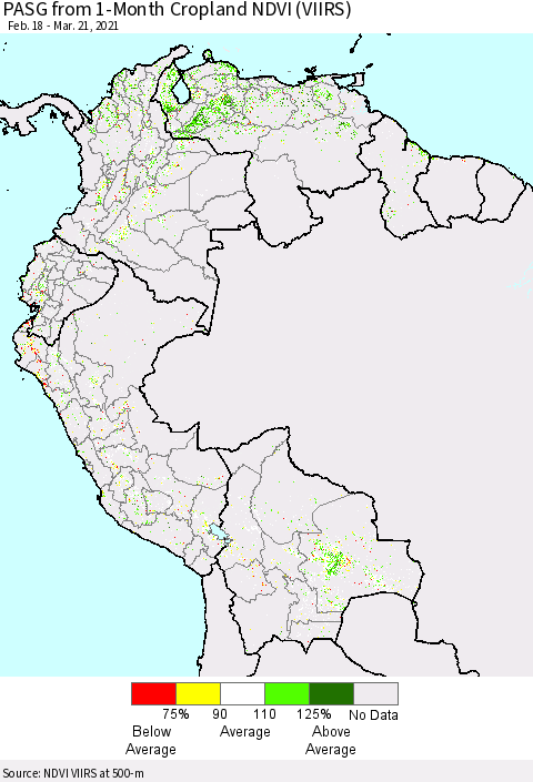 Northern South America PASG from 1-Month Cropland NDVI (VIIRS) Thematic Map For 3/14/2021 - 3/21/2021