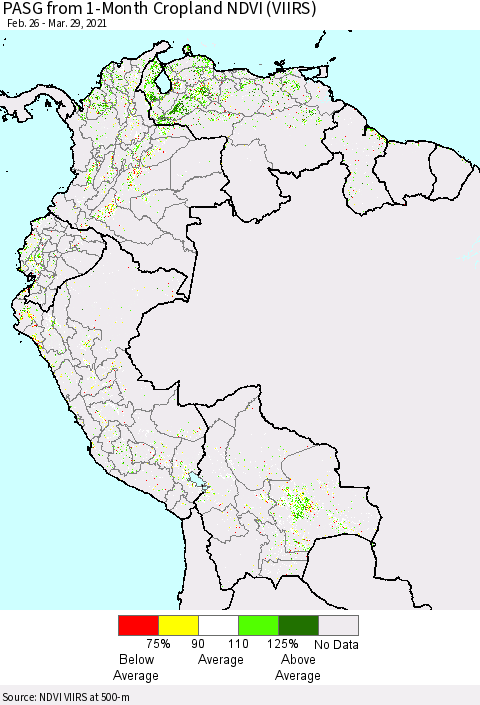 Northern South America PASG from 1-Month Cropland NDVI (VIIRS) Thematic Map For 3/22/2021 - 3/29/2021