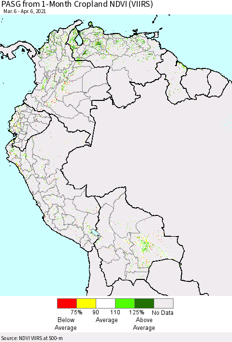 Northern South America PASG from 1-Month Cropland NDVI (VIIRS) Thematic Map For 3/30/2021 - 4/6/2021