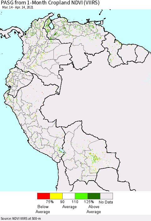 Northern South America PASG from 1-Month Cropland NDVI (VIIRS) Thematic Map For 4/7/2021 - 4/14/2021
