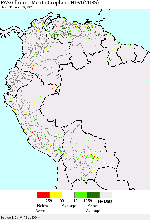 Northern South America PASG from 1-Month Cropland NDVI (VIIRS) Thematic Map For 4/23/2021 - 4/30/2021