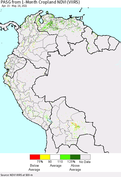 Northern South America PASG from 1-Month Cropland NDVI (VIIRS) Thematic Map For 5/9/2021 - 5/16/2021