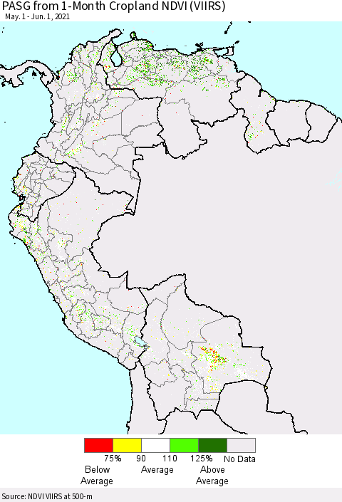 Northern South America PASG from 1-Month Cropland NDVI (VIIRS) Thematic Map For 5/25/2021 - 6/1/2021