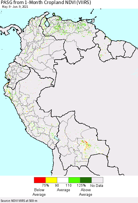 Northern South America PASG from 1-Month Cropland NDVI (VIIRS) Thematic Map For 6/2/2021 - 6/9/2021