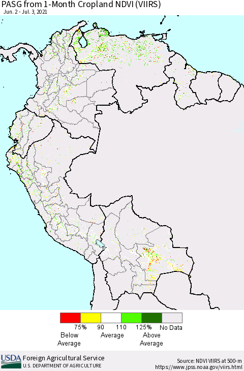 Northern South America PASG from 1-Month Cropland NDVI (VIIRS) Thematic Map For 7/1/2021 - 7/10/2021