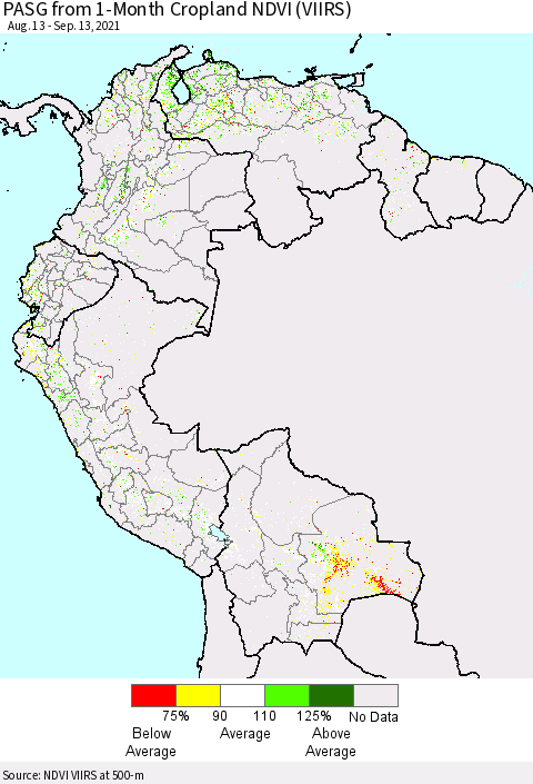 Northern South America PASG from 1-Month Cropland NDVI (VIIRS) Thematic Map For 9/6/2021 - 9/13/2021