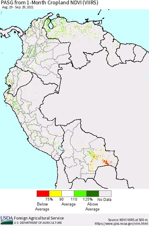 Northern South America PASG from 1-Month Cropland NDVI (VIIRS) Thematic Map For 9/21/2021 - 9/30/2021
