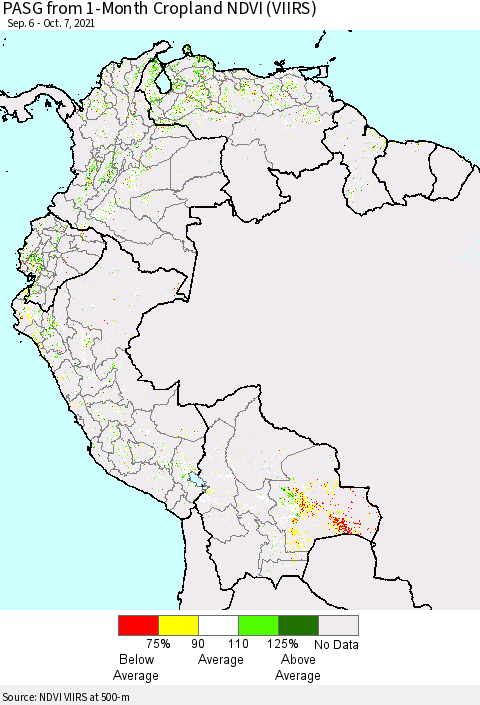 Northern South America PASG from 1-Month Cropland NDVI (VIIRS) Thematic Map For 9/30/2021 - 10/7/2021