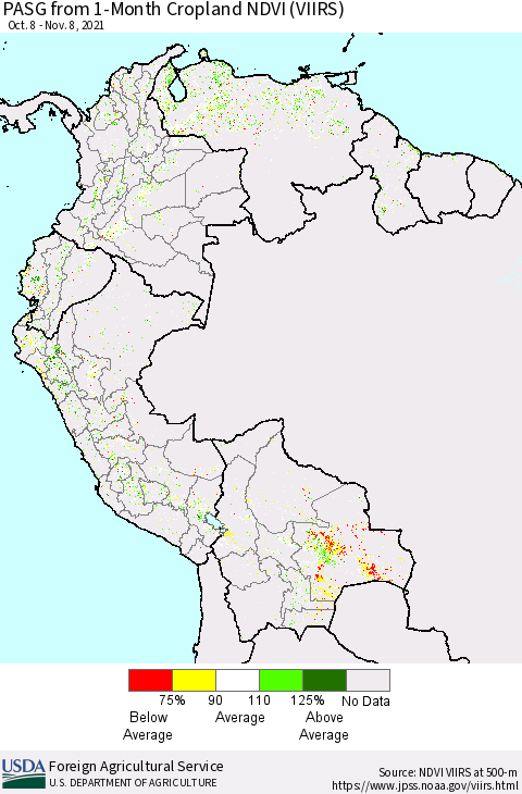Northern South America PASG from 1-Month Cropland NDVI (VIIRS) Thematic Map For 11/1/2021 - 11/10/2021