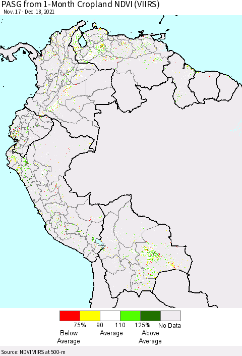 Northern South America PASG from 1-Month Cropland NDVI (VIIRS) Thematic Map For 12/11/2021 - 12/18/2021
