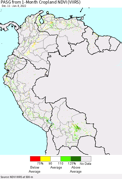 Northern South America PASG from 1-Month Cropland NDVI (VIIRS) Thematic Map For 1/1/2022 - 1/8/2022