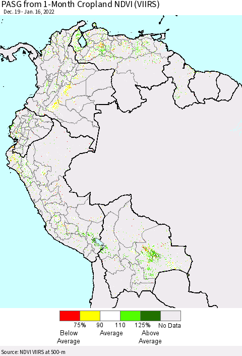 Northern South America PASG from 1-Month Cropland NDVI (VIIRS) Thematic Map For 1/9/2022 - 1/16/2022