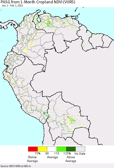 Northern South America PASG from 1-Month Cropland NDVI (VIIRS) Thematic Map For 1/25/2022 - 2/1/2022